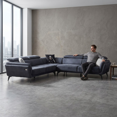 Solidna, szara, materiałowa sofa, designerska sofa w kształcie litery L, podkładka do salonu