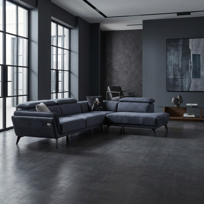 Solidna, szara, materiałowa sofa, designerska sofa w kształcie litery L, podkładka do salonu