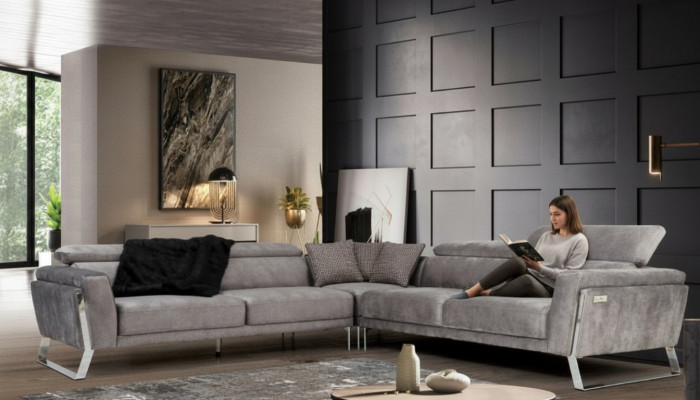 Szary Salon Narożnikowa kanapa Kanapa w kształcie litery L Duża Sofa materiałowa Luksusowe meble Nowe