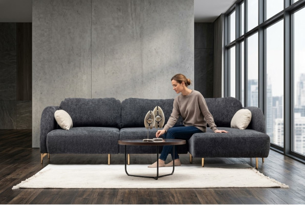 Sofa w kształcie litery L, sofa tapicerowana, sofa materiałowa, szara sofa, sofa do siedzenia w tkaninie.