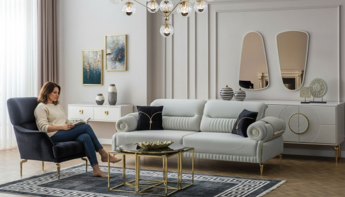 Grupa Sofas Sofa Fotel Trzyosobowa Sofa Tapicerowana Sofa Tkaninowa Niebieska 2-częściowa
