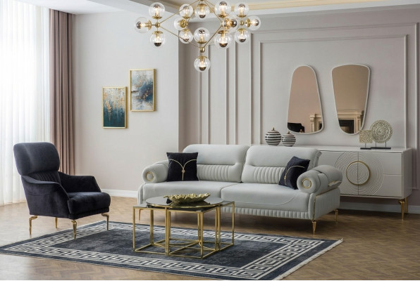 Luksusowy zestaw mebli tapicerowanych: Designer trzyosobowa sofa i szlachetny fotel jednoosobowy, 2 elementy.