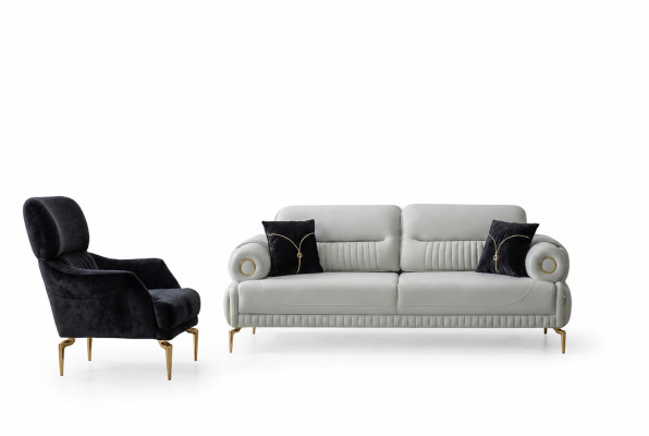 Luksusowy zestaw mebli tapicerowanych: Designer trzyosobowa sofa i szlachetny fotel jednoosobowy, 2 elementy.