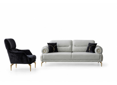 Luksusowy zestaw mebli tapicerowanych: Designer trzyosobowa sofa i szlachetny fotel jednoosobowy, 2 elementy.