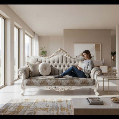 Klasyczna sofa w stylu Chesterfield do salonu Szary salon
