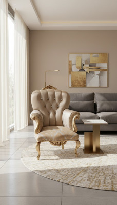 Klasyczna fotografia z beżowym wystrojem i designem Chesterfield w salonie