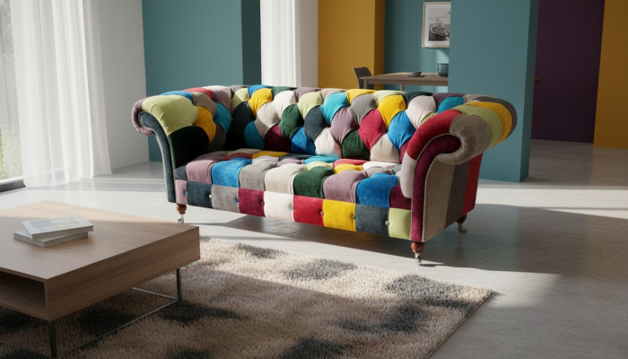 Sofa Chesterfield Podkładka Design Wielobarwna Siedziba Włókienniczy Couch Living Room