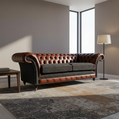 Sofa do salonu o nowoczesnym designie 3 miejsce do siedzenia Brown Chesterfield Couch Skóra Podkładka Włókienniczy Nowość