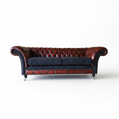 Sofa do salonu o nowoczesnym designie 3 miejsce do siedzenia Brown Chesterfield Couch Skóra Podkładka Włókienniczy Nowość