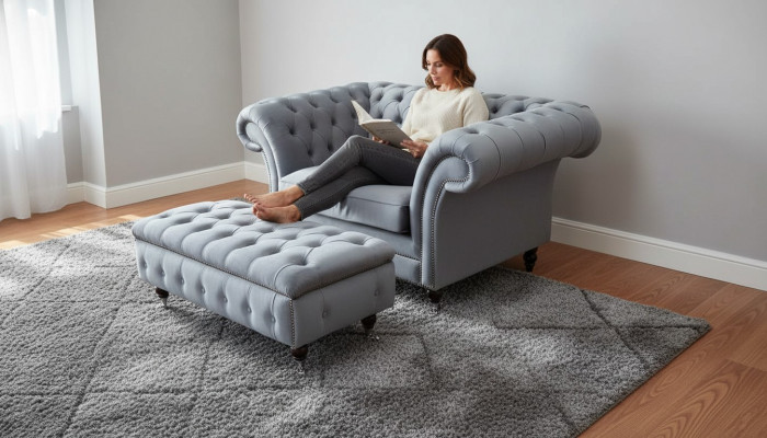Chesterfield EarsFotel Stołek Fotel Zestaw Podkładek Szary Włókienniczy