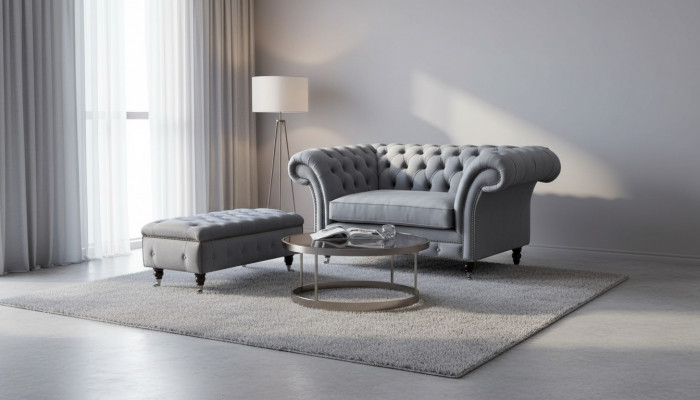 Chesterfield EarsFotel Stołek Fotel Zestaw Podkładek Szary Włókienniczy