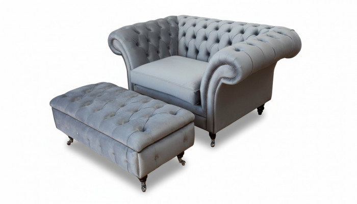 Chesterfield EarsFotel Stołek Fotel Zestaw Podkładek Szary Włókienniczy