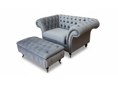 Chesterfield EarsFotel Stołek Fotel Zestaw Podkładek Szary Włókienniczy