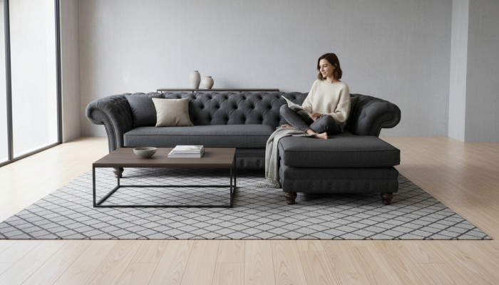 Chesterfield Narożnikowa kanapa Materiał Design Kanapa Siedziba Sofa Włókienniczy Narożnik Nowość