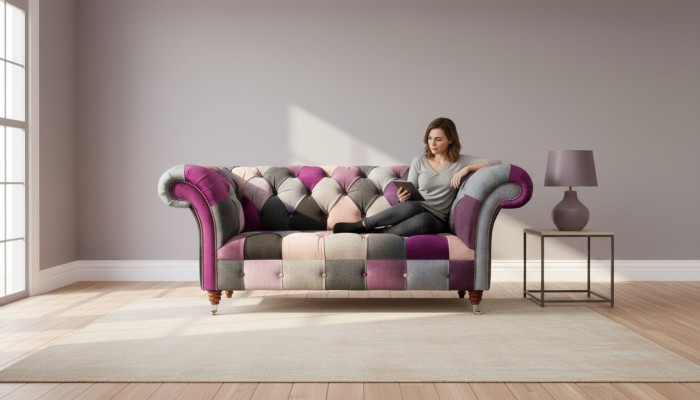 Chesterfield Fabric Sofa Podkładka Design 2 miejsce siedzące Włókienniczy Sofa Szara