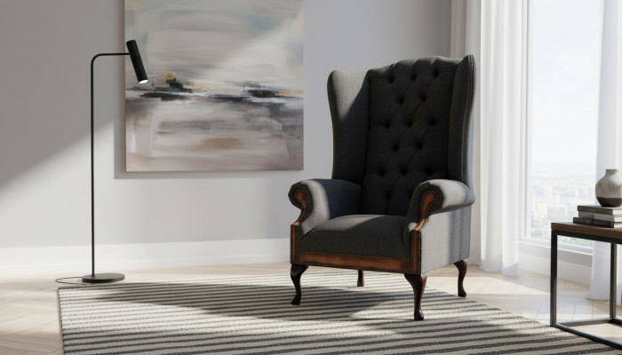 Chesterfield Fotel Szary Salon Klasyczny Włókienniczy EarsFotel Meble