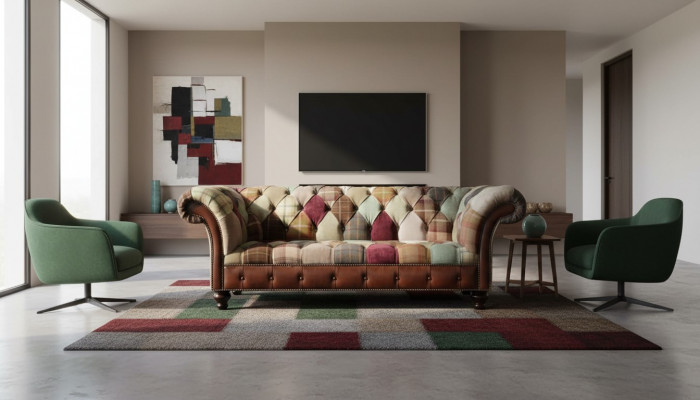 Kolorowa designerska sofa trzyosobowa z wzorem Chesterfield