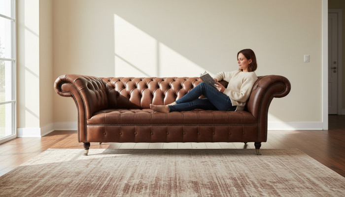 Sofa Chesterfield Trzyosobowa Sofa Vintage duża xxl Brązowa Włókienniczy Skóra
