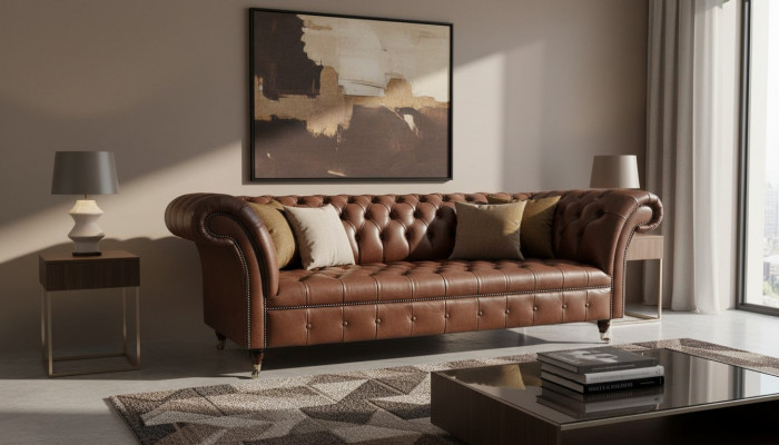 Sofa Chesterfield Trzyosobowa Sofa Vintage duża xxl Brązowa Włókienniczy Skóra