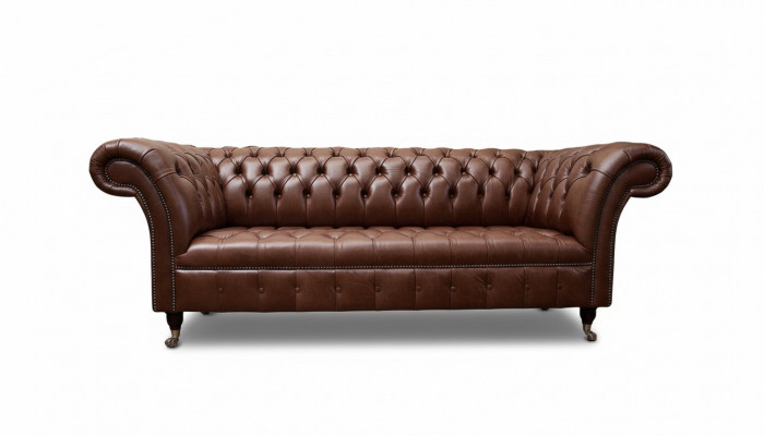 Sofa Chesterfield Trzyosobowa Sofa Vintage duża xxl Brązowa Włókienniczy Skóra