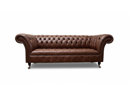 Sofa Chesterfield Trzyosobowa Sofa Vintage duża xxl Brązowa Włókienniczy Skóra