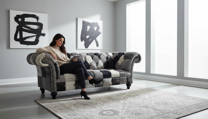 Luksusowa aksamitna sofa z wzorem Chesterfield i kolorową kratką