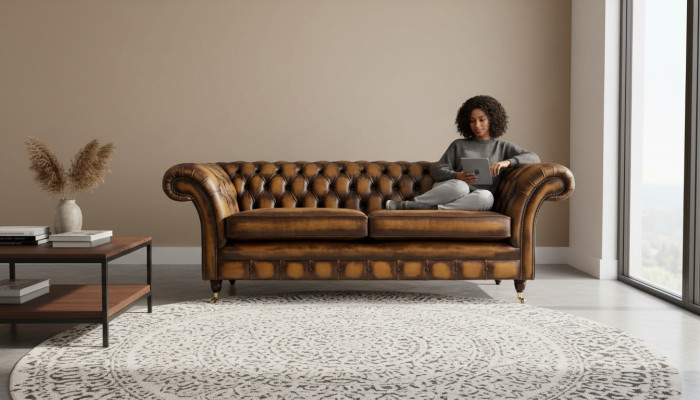 Brązowa Sofa 3 miejsce do siedzenia Couch design Chesterfield Podkładka Siedziba Skóra Nowość