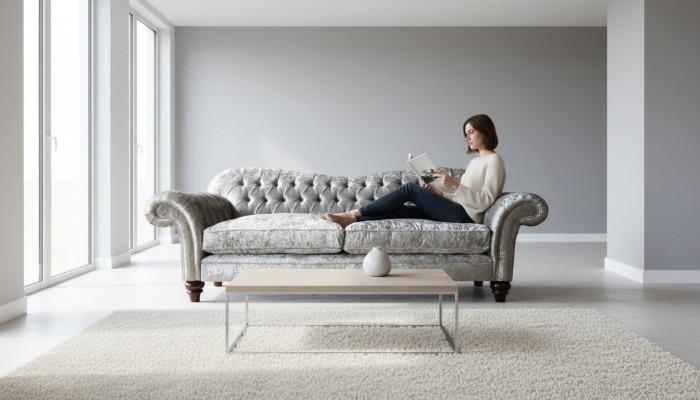Luksusowa klasyczna trzyosobowa sofa Chesterfield w kolorze szarym