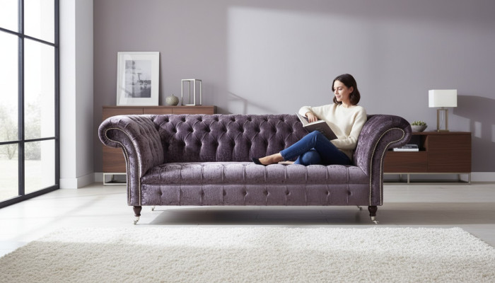 Chesterfield Couch Włókienniczy Aksamit Material Sofa Meble Design 3 miejsce siedzące Fioletowy