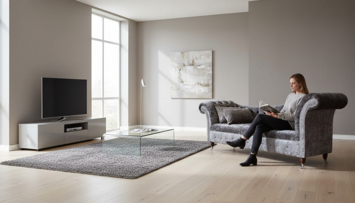luksusowa, klasyczna sofa w stylu Chesterfield w bogatym srebrnym odcieniu