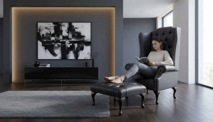 Fotel z Stołek Designerska TapicerkaFotel Chesterfield EarsFotel Nowość