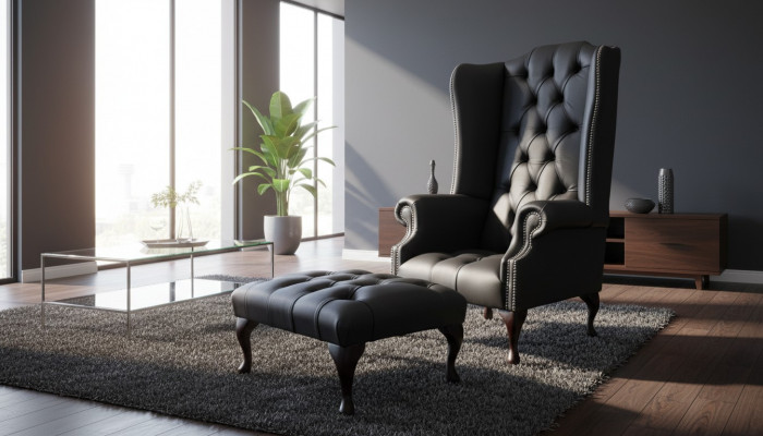 Fotel z Stołek Designerska TapicerkaFotel Chesterfield EarsFotel Nowość
