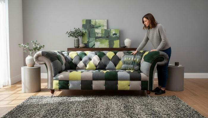 W salonie piękna stylowa sofa Chesterfield z 3 sypialniami