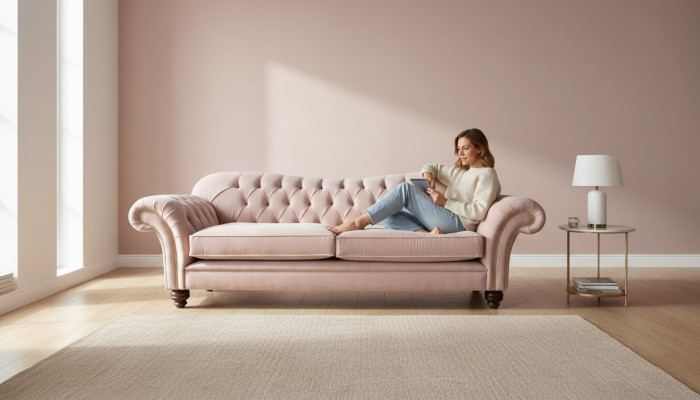 Sofa 3 miejsce do siedzenia Chesterfield Couch Siedziba Włókienniczy Material Couches Rosa Podkładka