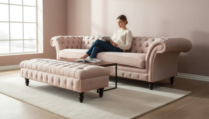 luksusowa różowa sofa czteroosobowa w stylu Chesterfield, z DOŁĄCZONYM poduszką siedziska