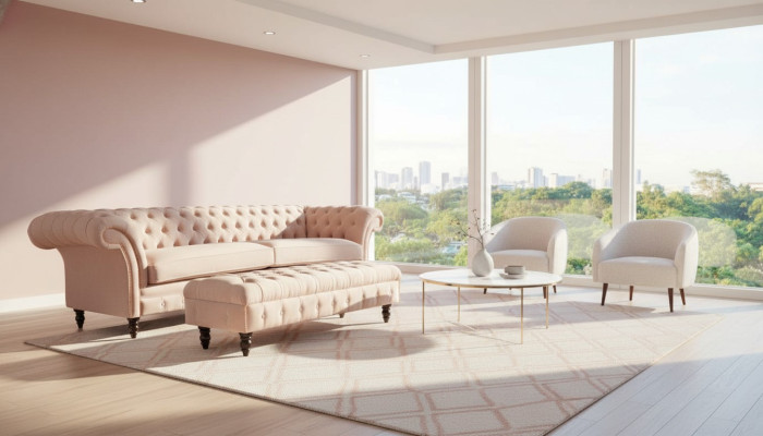 luksusowa różowa sofa czteroosobowa w stylu Chesterfield, z DOŁĄCZONYM poduszką siedziska