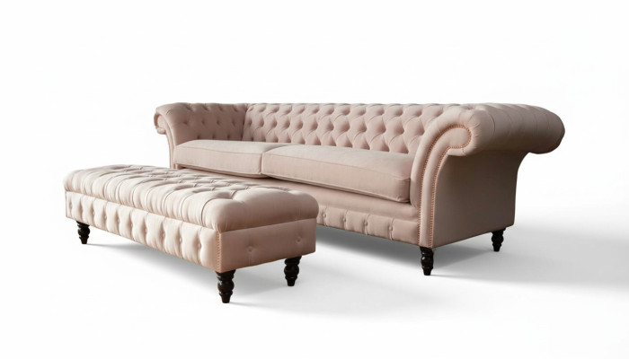 luksusowa różowa sofa czteroosobowa w stylu Chesterfield, z DOŁĄCZONYM poduszką siedziska