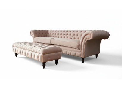luksusowa różowa sofa czteroosobowa w stylu Chesterfield, z DOŁĄCZONYM poduszką siedziska