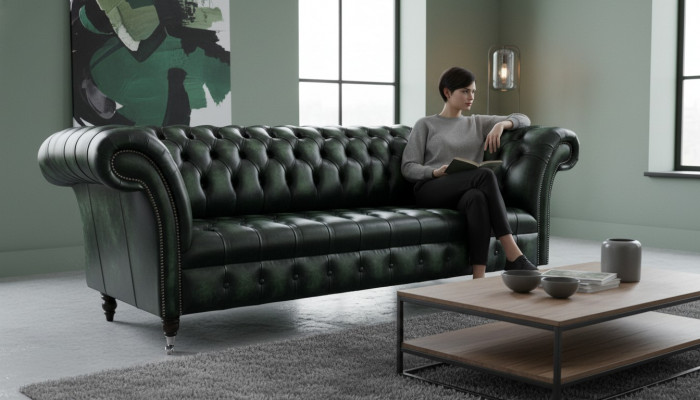 Chesterfield Couch Sofa Podkładka 3 miejsce do siedzenia Skóra Couchen Siedziba Green Nowość