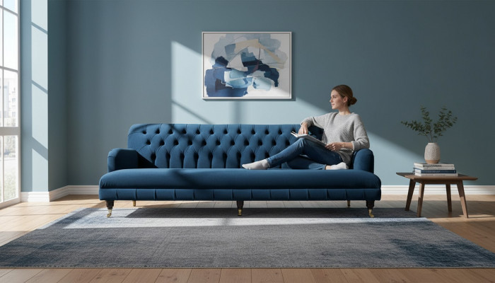 Luksusowa designerska kanapa czteroosobowa w stylu Chesterfield w kolorze niebieskim