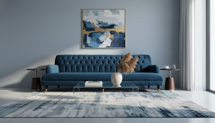 Luksusowa designerska kanapa czteroosobowa w stylu Chesterfield w kolorze niebieskim
