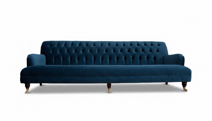 Luksusowa designerska kanapa czteroosobowa w stylu Chesterfield w kolorze niebieskim