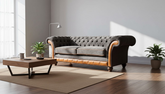 Chesterfield Sofa 3 miejsce do siedzenia Design Couch Podkładka Material Podkładka Szara