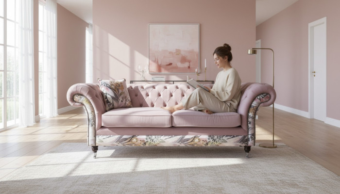 żywa trzyosobowa sofa Chesterfield w delikatny różowy kwiatowy wzór