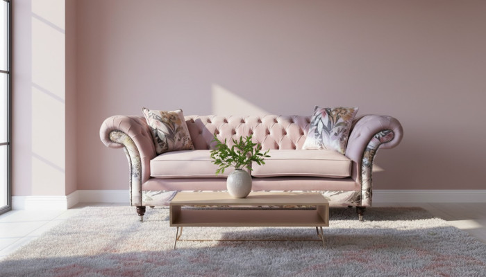 żywa trzyosobowa sofa Chesterfield w delikatny różowy kwiatowy wzór