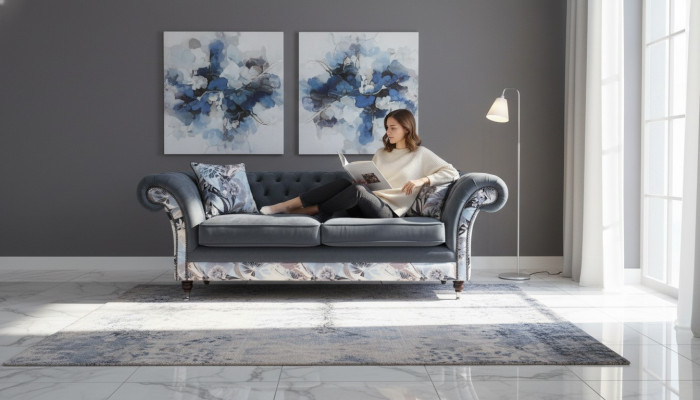 efektowna trzyosobowa sofa w stylu Chesterfield z delikatną szarą dekoracją kwiatową