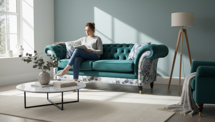 żywa trzyosobowa sofa z Chesterfield w delikatnym szmaragdowym kolorze z kwiatowym wzorem