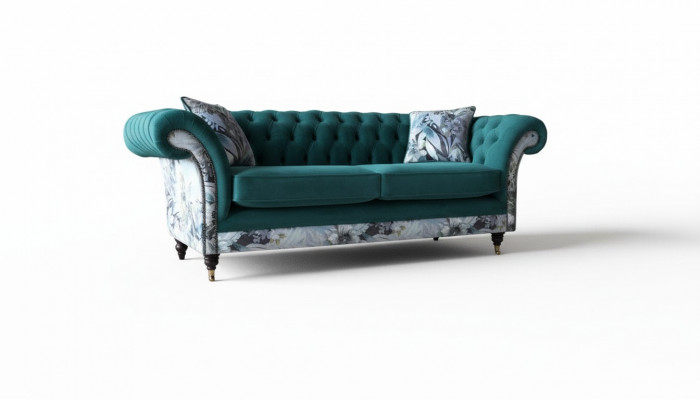 żywa trzyosobowa sofa z Chesterfield w delikatnym szmaragdowym kolorze z kwiatowym wzorem