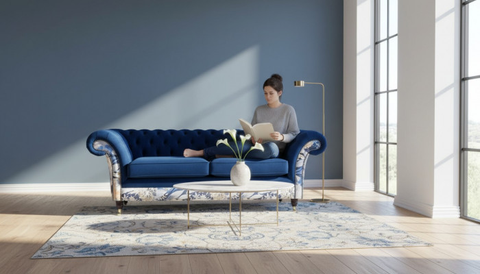 Chesterfield Royal Blue Aksamit Couch Podkładka Siedziba Lounge Sofy Kanapy
