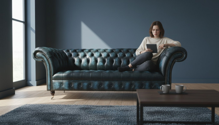 Classic 3 Siedziba Couch Podkładka Siedziba Chesterfield Włókienniczy Skóra Blue